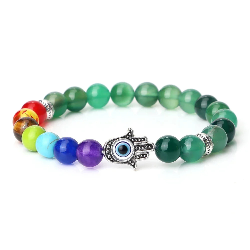 7 Chakra Bracelet with Evil Eye - Green Agate / 21cm