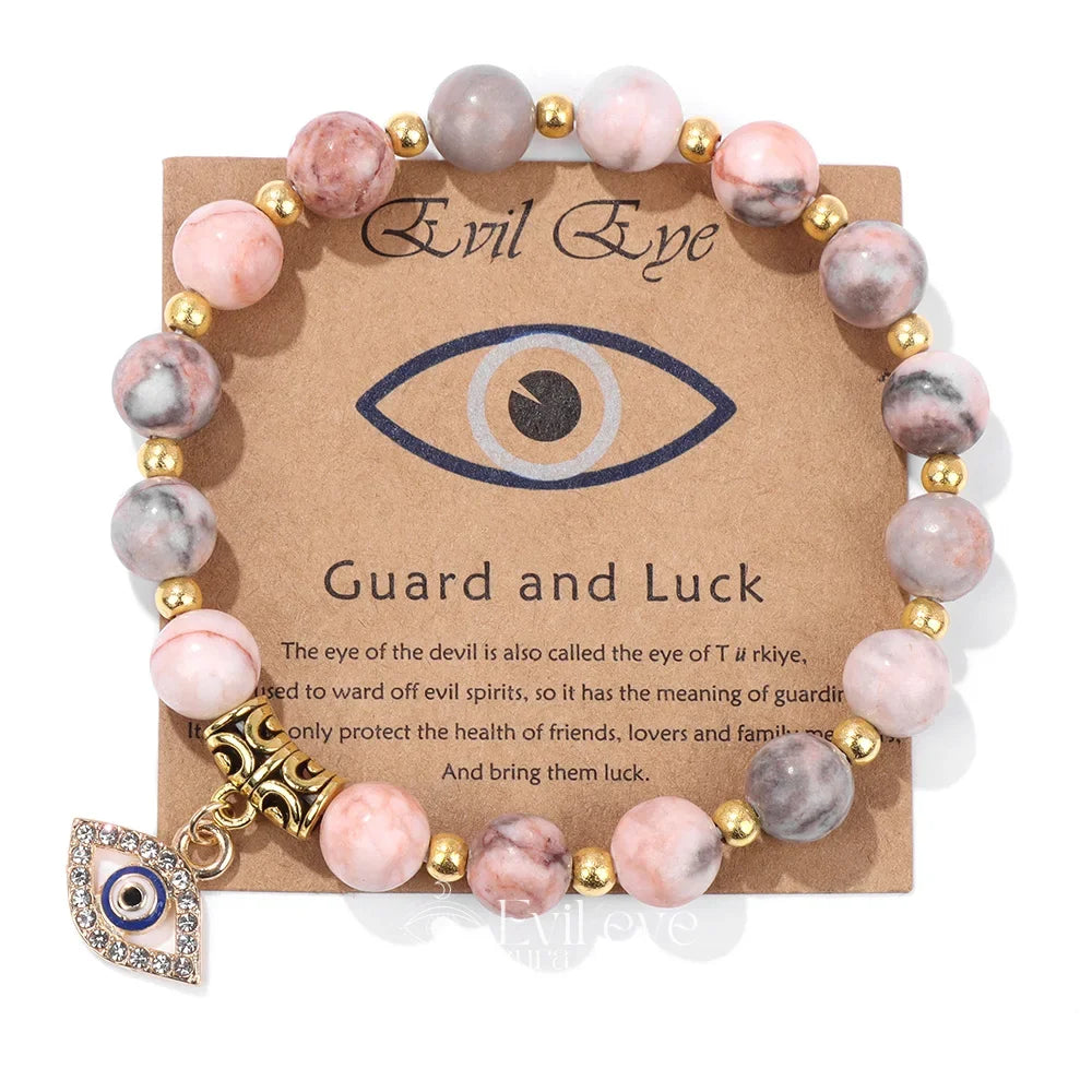 Evil Eye Gemstone Bracelet - Pink Zebra / 19CM