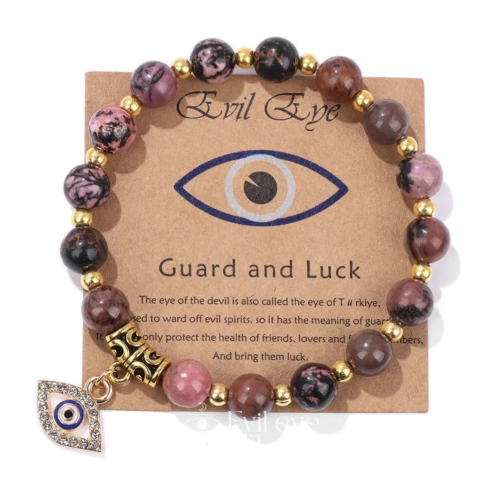 Evil Eye Gemstone Bracelet - Rhodonite Stone / 19CM