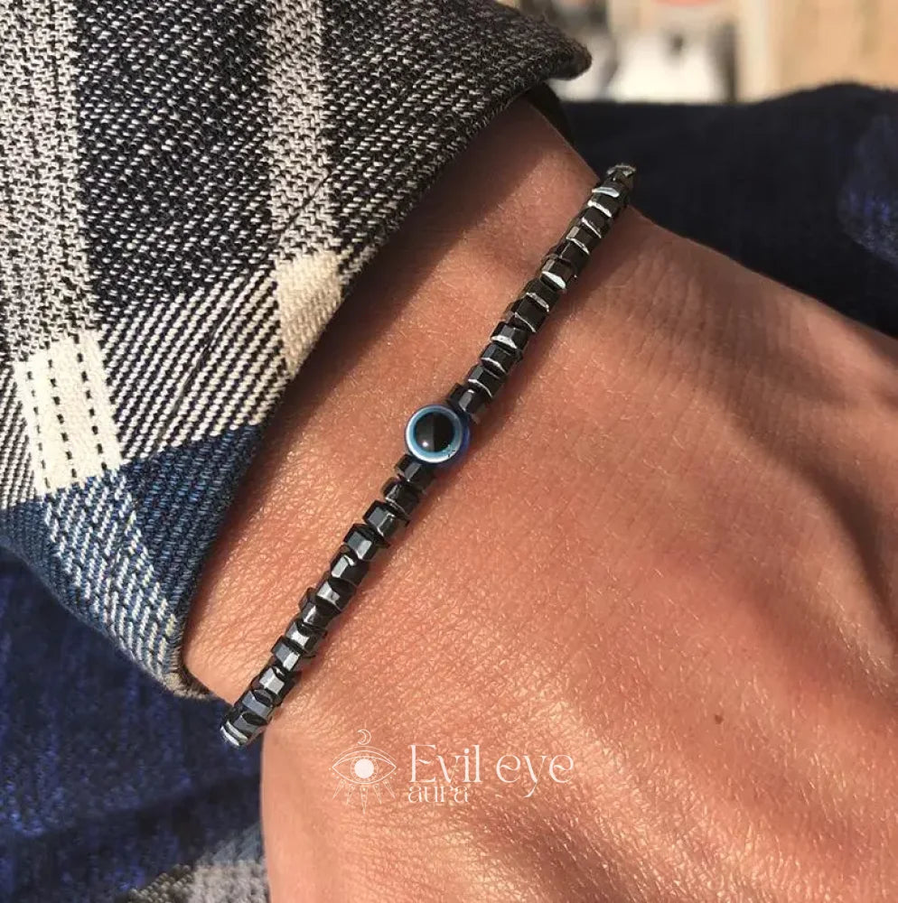 Evil Eye Men Beaded Bracelet - Hematite