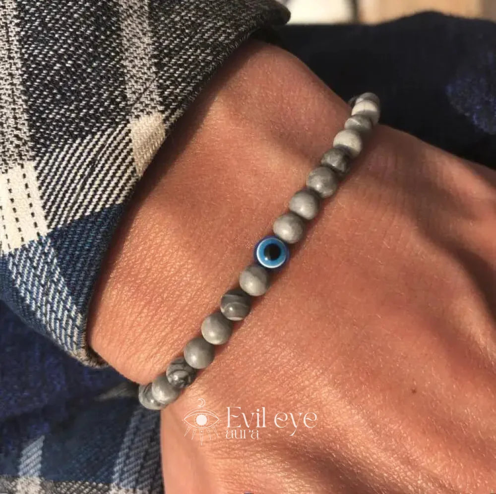 Evil Eye Men Beaded Bracelet - Map stone