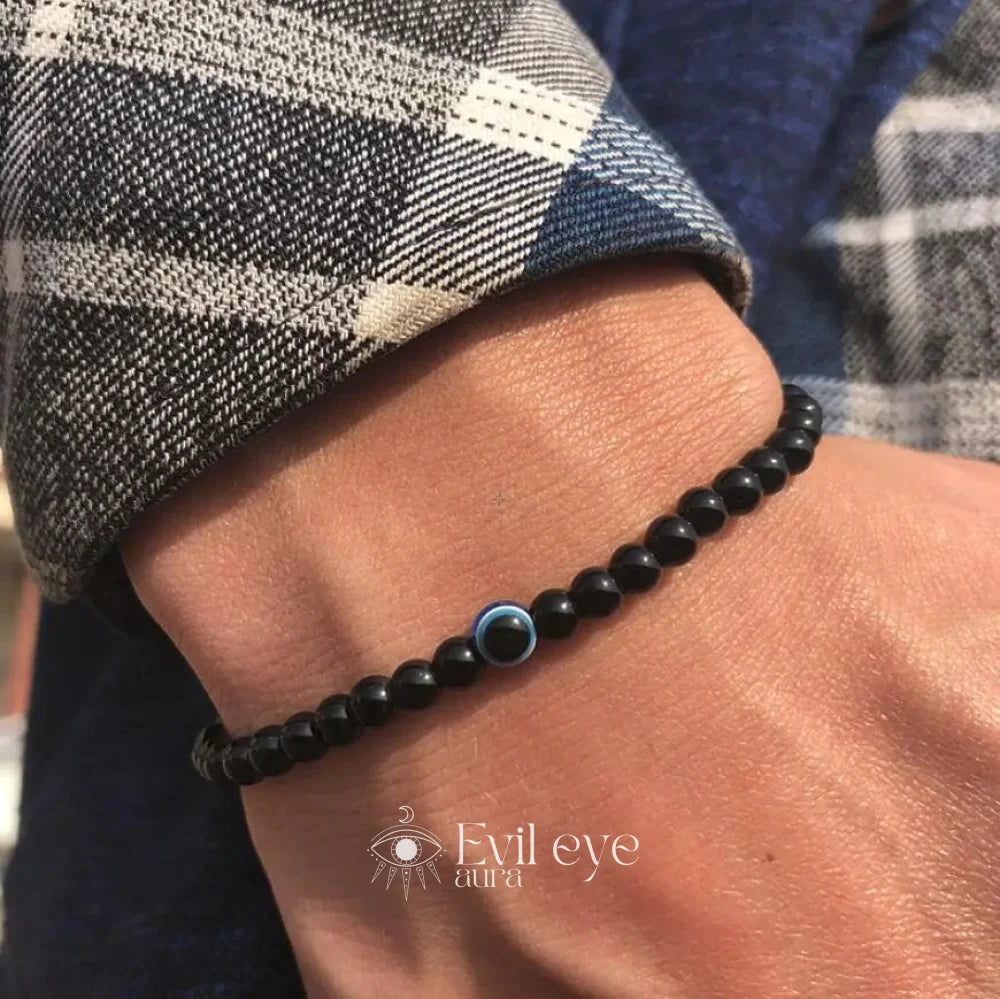 Evil Eye Men Beaded Bracelet - Obsidian