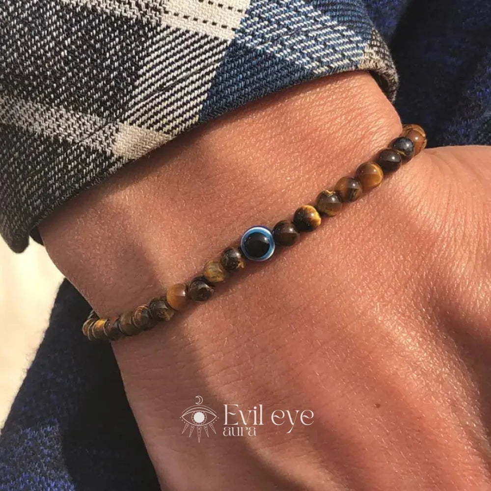 Evil Eye Men Beaded Bracelet - Tiger eye