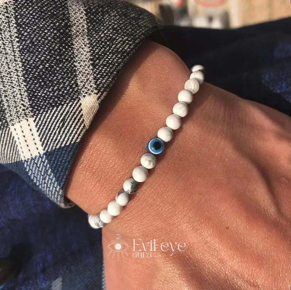 Evil Eye Men Beaded Bracelet - White turquoise