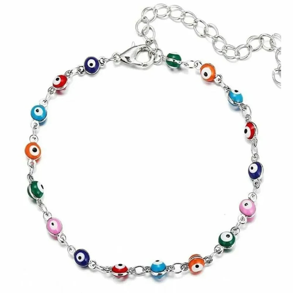 Evil Eye Multicolor Anklet - Silver