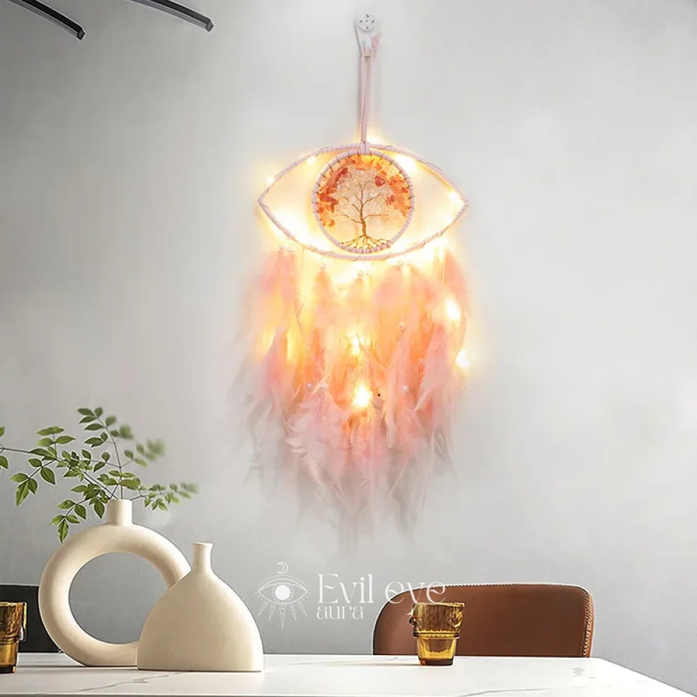 Evil Eye Tree of Life Dream Catcher - Pink / LED