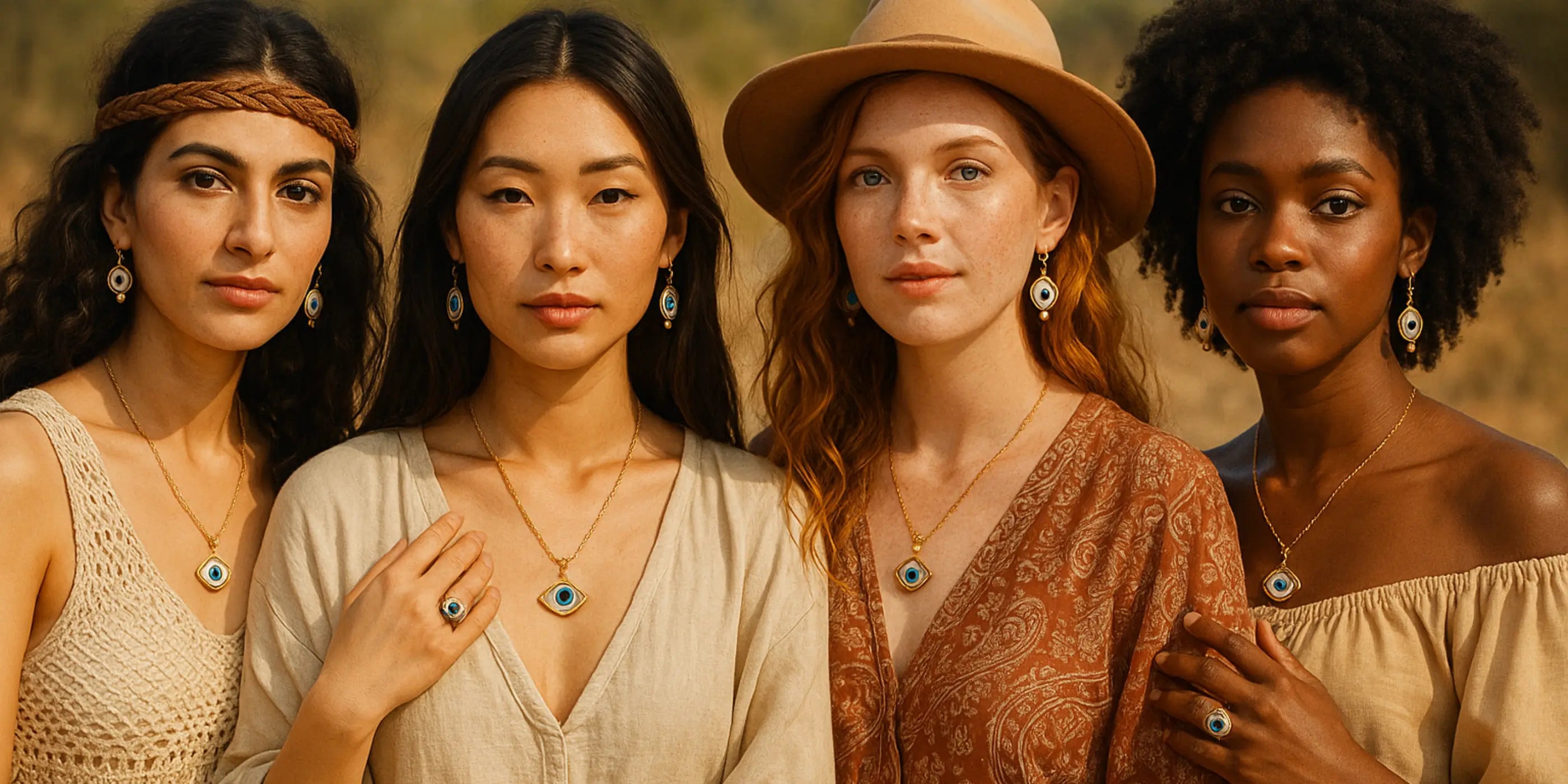 group of women wearing evil eye jewelry