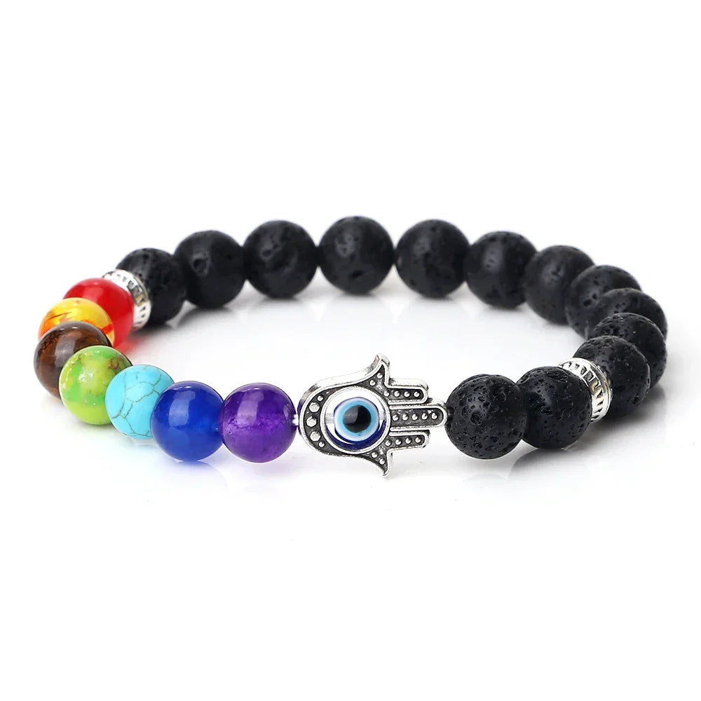 7 Chakra Bracelet with Evil Eye - Lava stone / 21cm