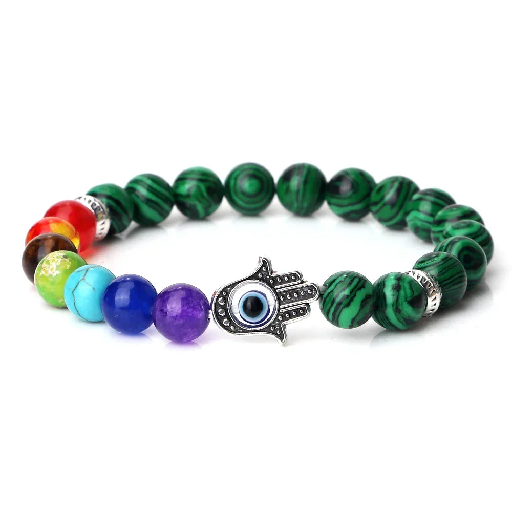 7 Chakra Bracelet with Evil Eye - Malachite / 21cm