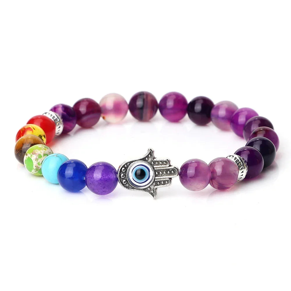 7 Chakra Bracelet with Evil Eye - Purple Agate / 21cm