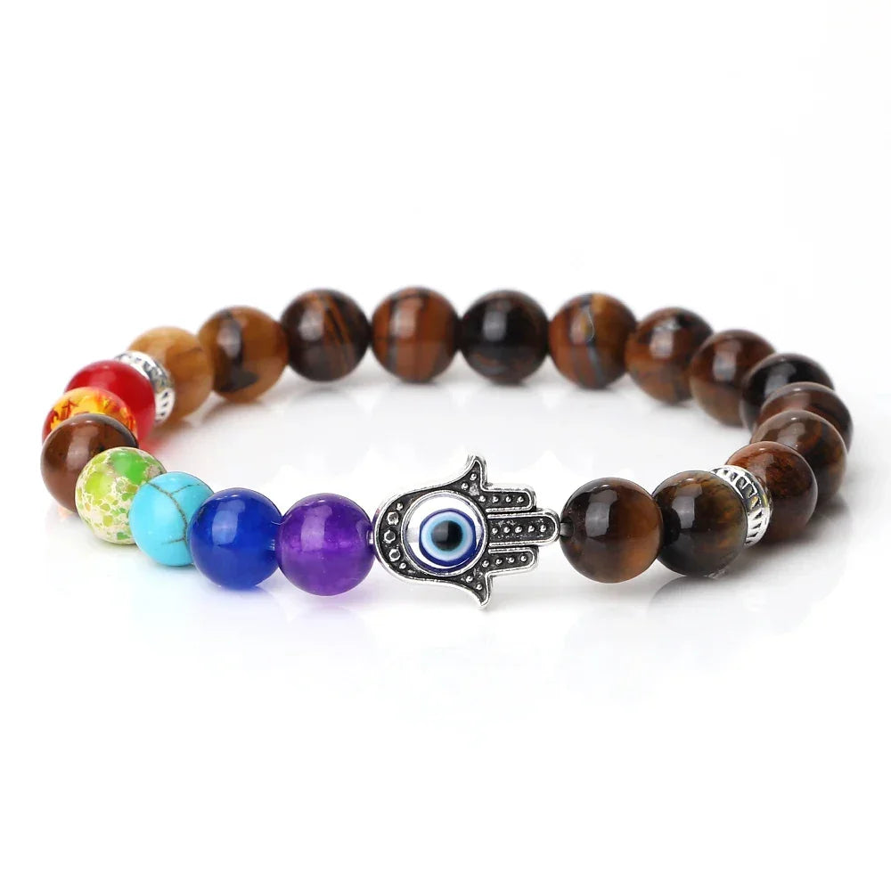 7 Chakra Bracelet with Evil Eye - Tiger Eye Stone / 21cm