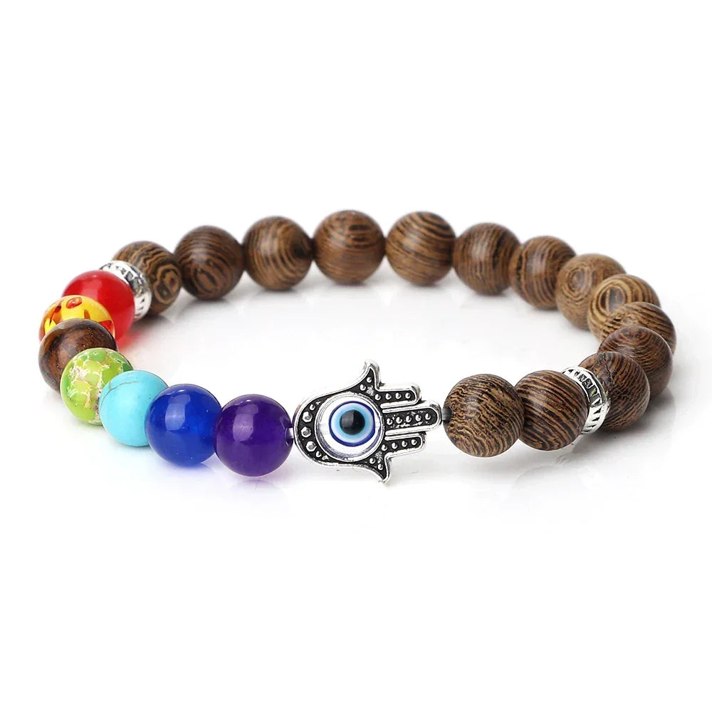7 Chakra Bracelet with Evil Eye - Wooden Beads / 21cm