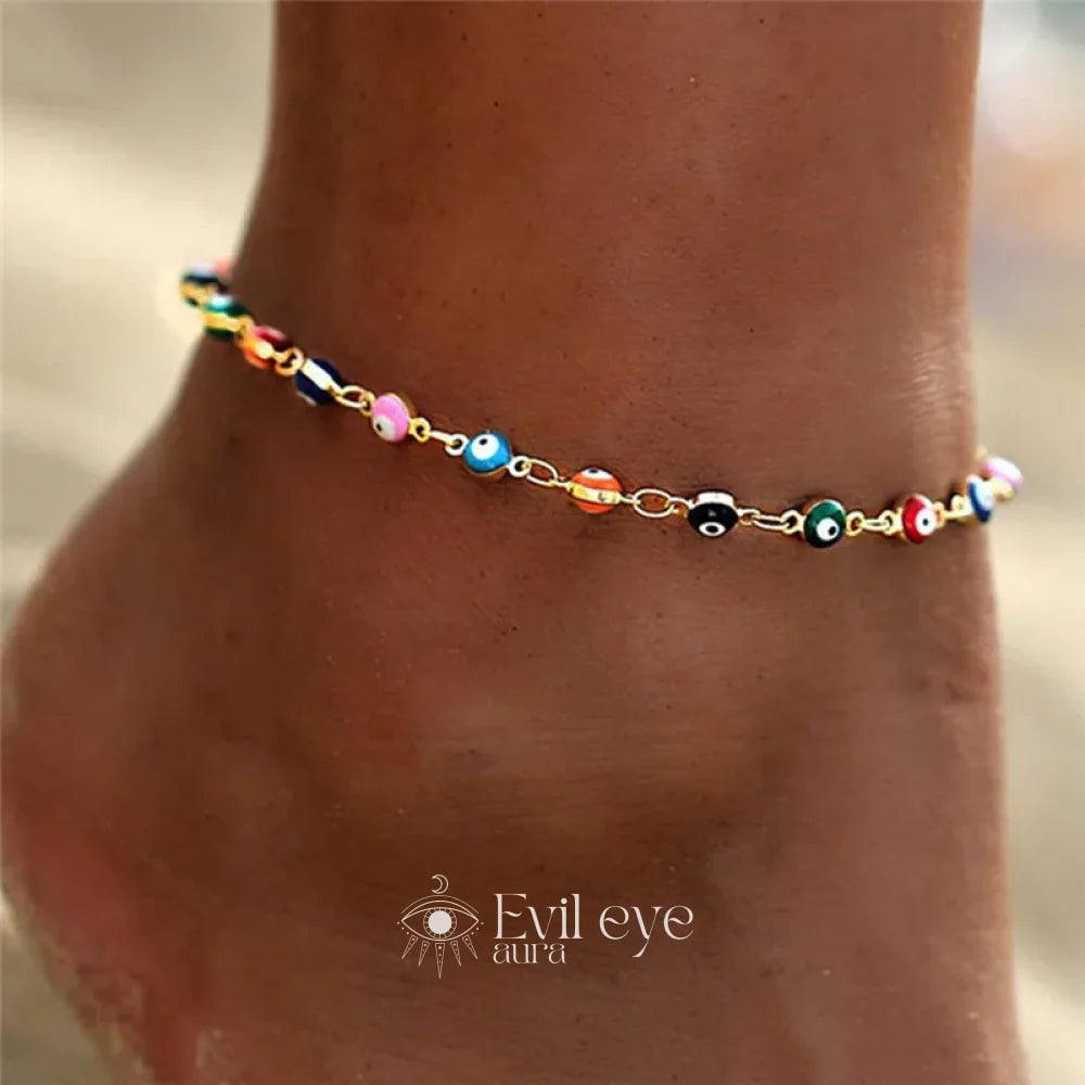 Evil Eye Multicolor Anklet - Gold