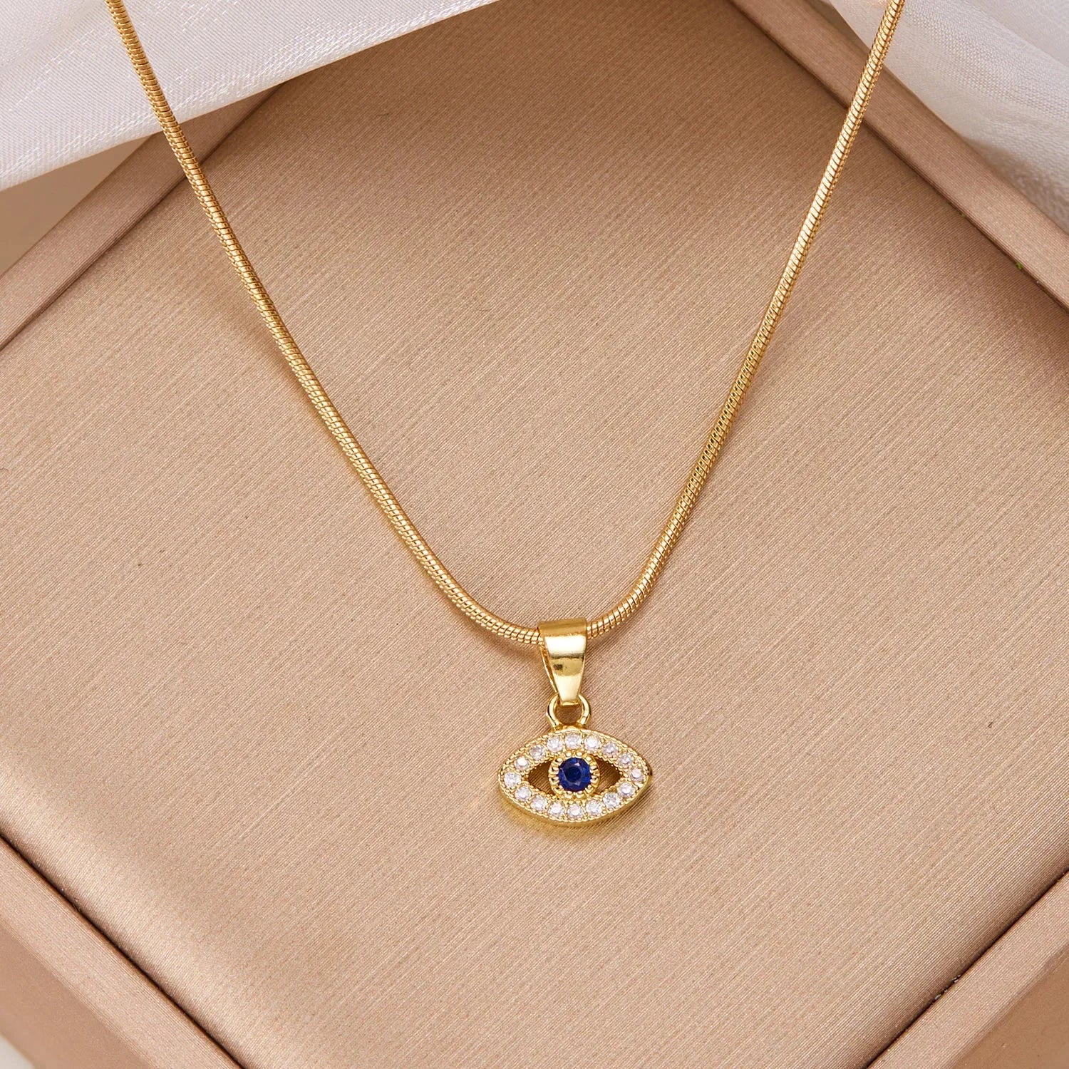 ZARD Large Round Evil Eye Pendant Necklace – Multicolor CZ Pave – Goldtone – 20 Inch