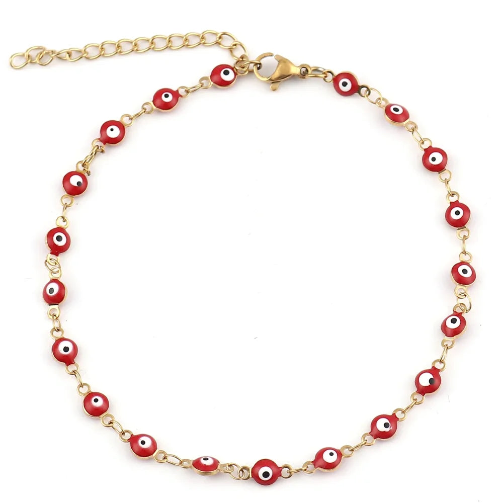 Red Evil Eye Anklet - Gold
